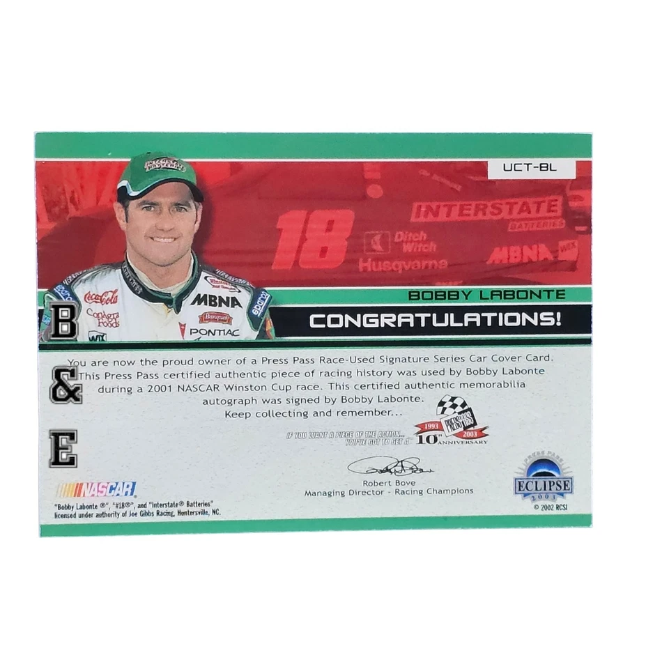 2002 Press Pass Under Cover Race-Used Car Cover Bobby Labonte Auto SP #'d /18 - Image 2 of 2