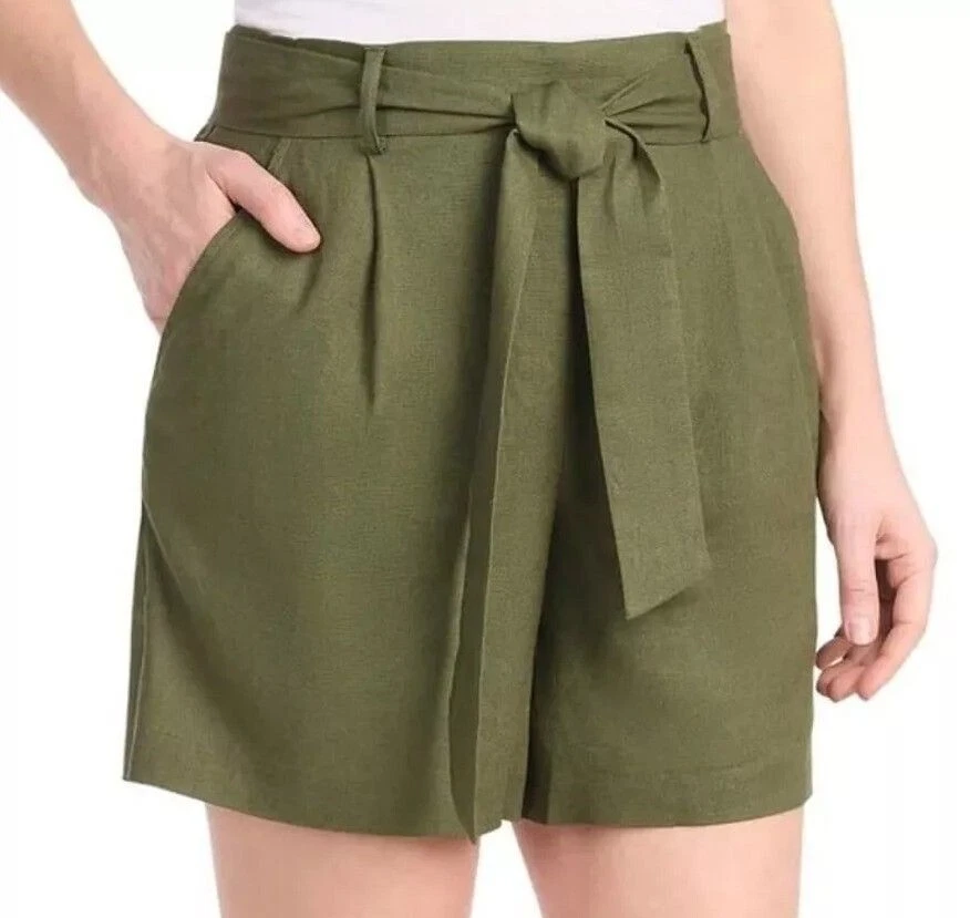 Dalia Women L Belted Tie Linen Blend Elastic Waist Shorts Breathable Olive Green