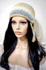 crochet womans handmade biker skull hat chemo honey yellow gray