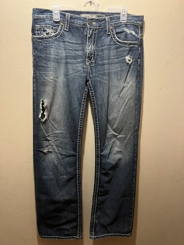 BKE CARTER Jeans Mens 33R Blue Denim Buckle Distressed J19