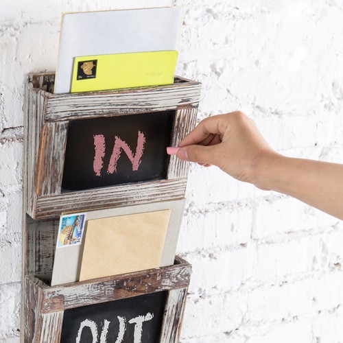 Rustic Wood Wall-Mounted Mail Sorter Organizer with Chalkboard & Key Hook Rack - Picture 5 of 6