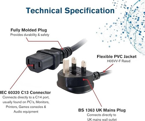 C2G 88512 1 Metre UK Power Cable IECC13 to BS1363 3 Foot Kettle Lead Power Cord, - Afbeelding 5 van 6