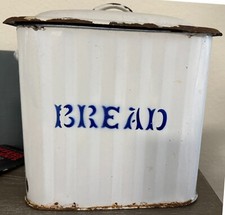 Enamel ribbed tin Bread BoxAntique White w Bl...