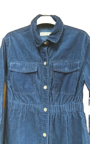 ZARA girls Age 11/12 Navy Blue Corduroy Waisted Shirt Dress With Denim Features - Picture 2 of 5