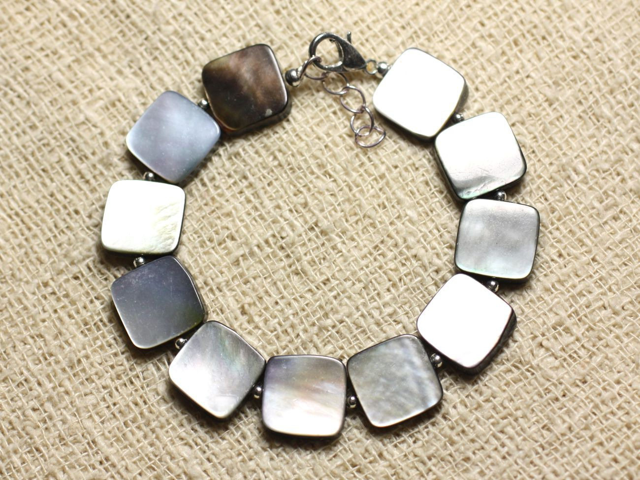 Bracelet Argent 925 et Nacre Noire carrés 12mm : bijou géométrique pour femme