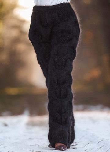 Black cable mohair pants thick fuzzy hand knit chunky trousers leg warmers, L-XL - Picture 7 of 8