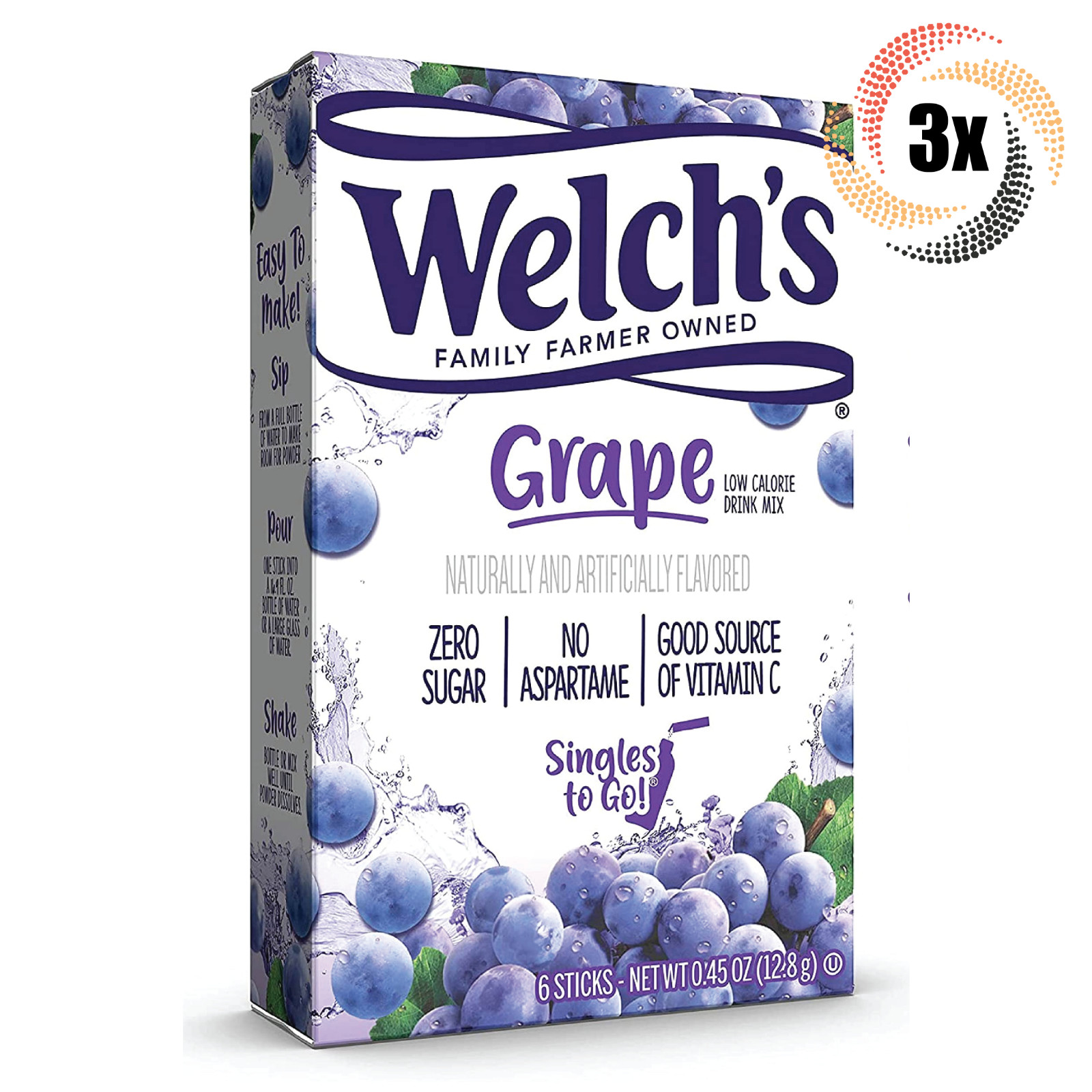 3 упаковки напитка Welchs Singles To Go с виноградным вкусом, по 6 порций в упаковке.45 унций