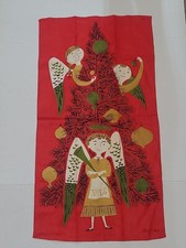 Vintage Christmas Tea Towel Tree Angels Tammis Keefe Red Textile Mid Century