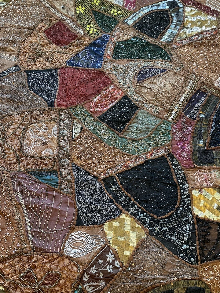 Bronze Sari Patchwork Beaded Bedding Bohemian Wall Hanging Tapestry Bedspread  - Image 4 of 4
