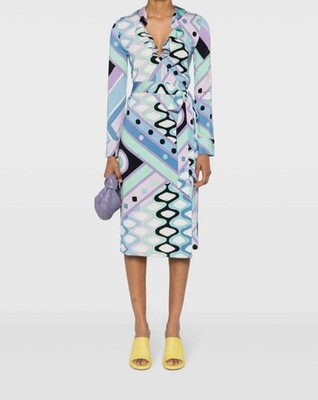 Pucci Women's Blue Geometric V-Neck Long Sleeve Self-Tie Wrap Dress Size 10