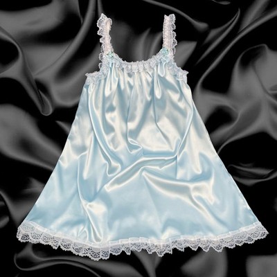 Baby Blue Satin Sissy Ruffle Frilly Bows Baby Doll Nighty Lingerie