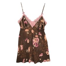 Vintage Fairy Chiffon Sheer Brown Pink Floral Lace Babydoll Chemise Lingerie
