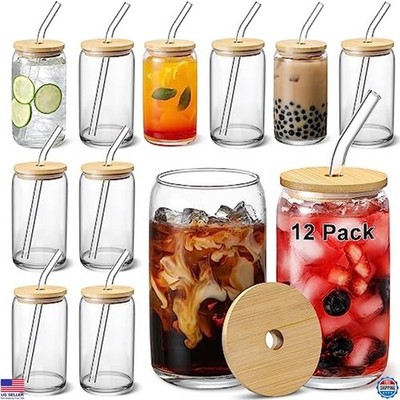 12pcs Glass Cups with Bamboo Lids & Straws - 16oz Beer Shaped Tumblers