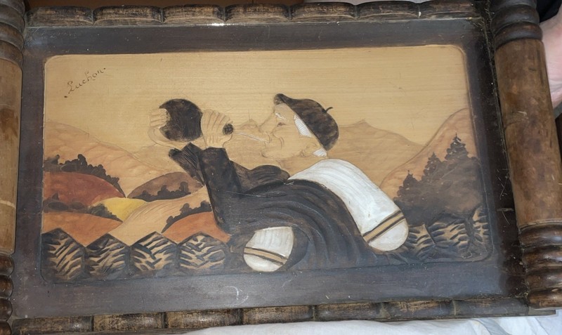 VTG French Pyrenees Marquetry Tray 1950sFolk Art Basque Shepherd Wineskin Rare