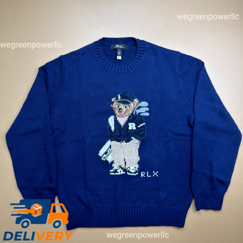 RLX Ralph Lauren Golf Polo Bear Blue Knit Sweater Crewneck Men's Size Large Auc 