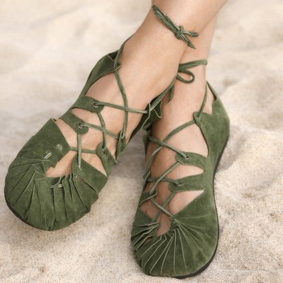 Bundschuhe Leder Grün Schuhe Sandalen Larp Mittelalter Wikinger Reenactment Goa