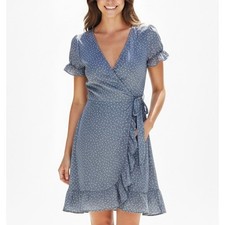 Blue Polka Dot Ruffle Hem Short Sleeve Tie Waist Wrap Cover Up Dress Size S