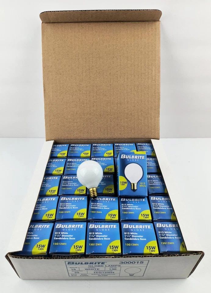 25 NEW Bulbrite Globe Light Bulbs 300015 G12 White 15W 1-1/2" D 130v 15G12WH L1 - Image 2 of 4