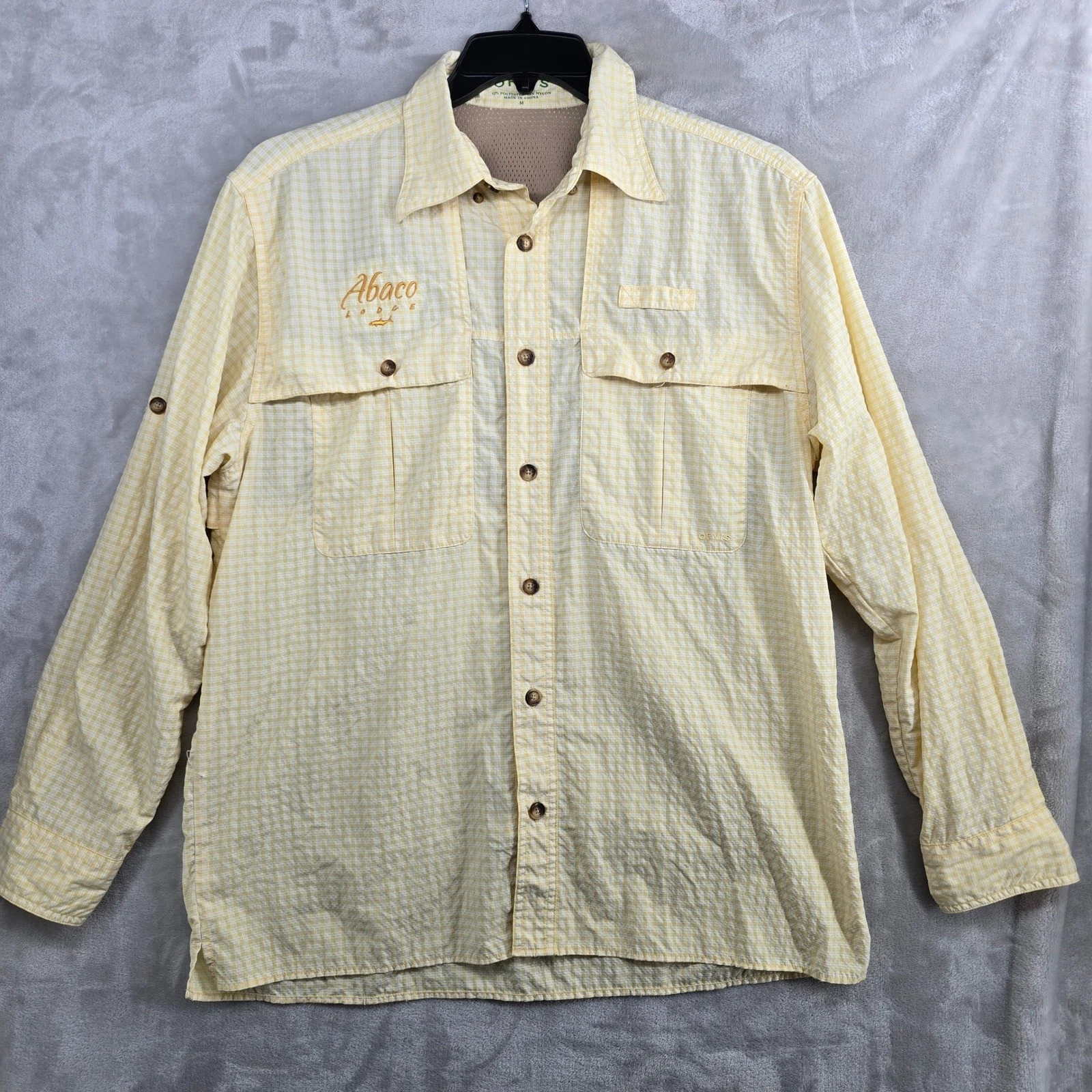 Orvis Abaco Lodge Fishing Shirt Mens Medium Yellow Plaid Roll Tab Button Up
