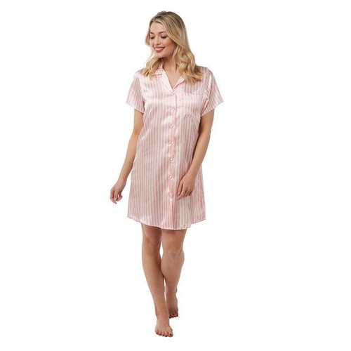 Ladies Short Sleeve Satin Nightshirt Button Through Nightie Nightdress - Picture 2 of 10