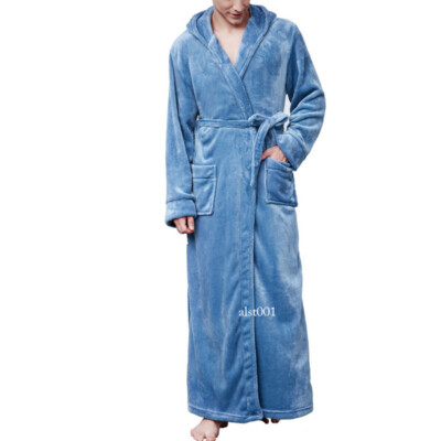 Mens Fleece Bath Robe Mens Hooded Mens Sleepwear Solid Color
