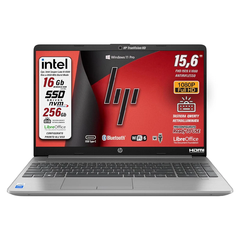 HP G9 Silver Intel N4500 SSD 256GB RAM 16 GB 15,6 FHD Win 11Pro Retroilluminata