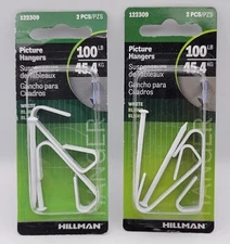 2 pks- Pictures Hanger Wall Hook  White Finish 100 lb. Hillman 122309 NEW