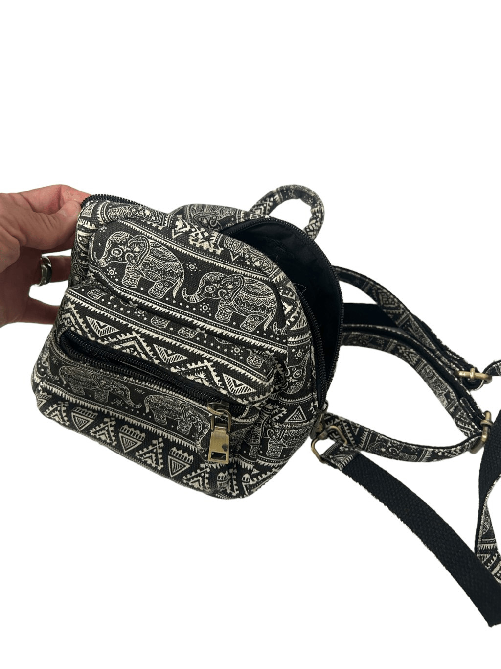 Black Aztec elephant patterned mini backpack hand… - image 1