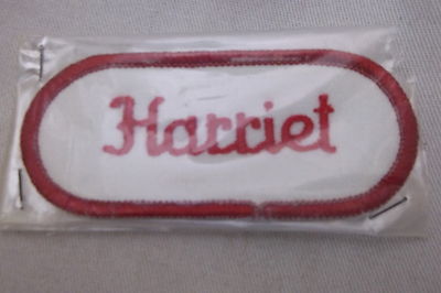 HARRIET  USED EMBROIDERED  SEW ON NAME PATCH TAGS OVAL RED ON WHITE