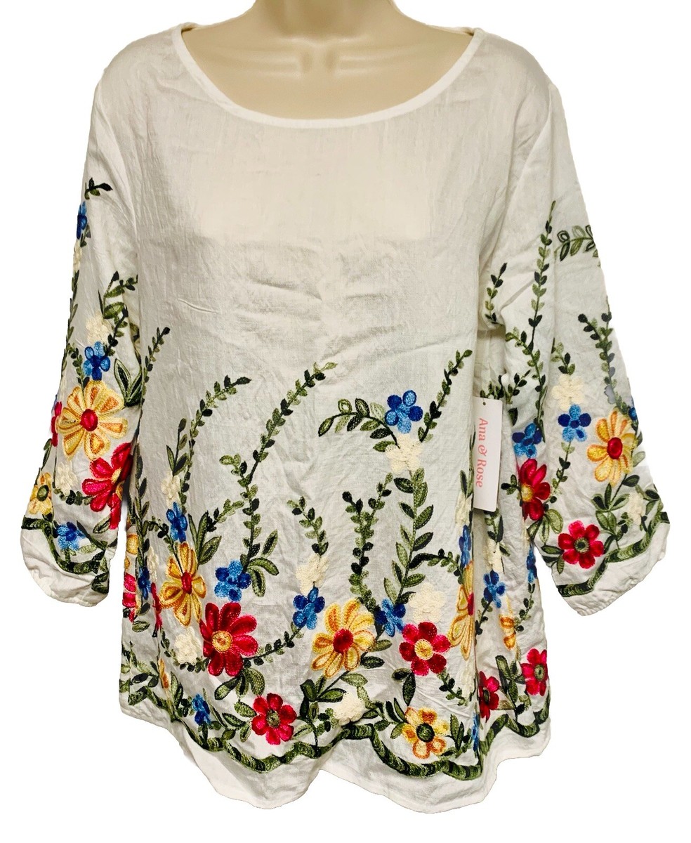 売れ筋商品|||アンナ フィールド シャツ レディース トップス Blouse - rose Ana & Rose Women's Small White Shirt Floral Embroidered