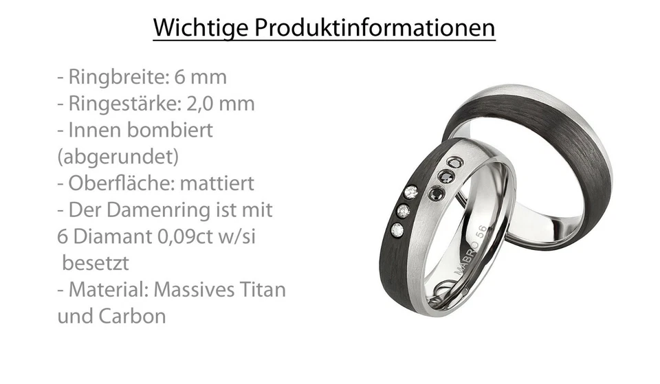 Paar Trauringe Eheringe Verlobungsringe Carbon Titanringe Diamantring + Gravur - Bild 2 von 4