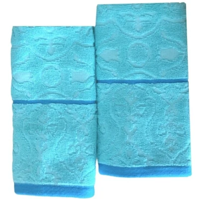 Calypso Luxury Fingertip Towels Guest Bathroom Summer Turquoise Blue Set of 2 - Image 1 of 4