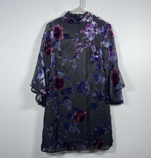 Tahari Women's Sz 2 Velvet Burnout Black Purple Floral Dress Whimsigoth Fairy
