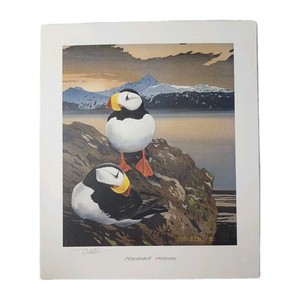 Byron Birdsall Peaceable Puffins Alaskan Art Print 1985 Pencil Signed Lithograph