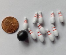 Miniature Dollhouse Toy Bowling Pins and Ball pins measure 5/8" H