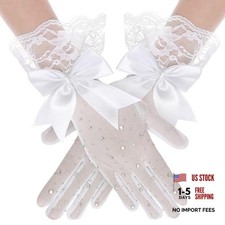 Lace Gloves for Women Short Tulle Mesh Opera Gloves Rhinestone Bow  Tea