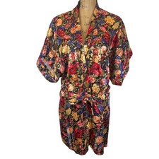 Circa 2000 Vintage Y2K Floral Kimono Robe Belted Tie Waist Made in USA One Size