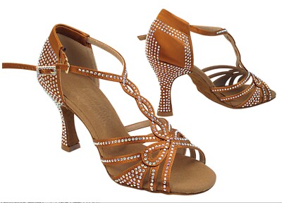 Very Fine Women's Latin, Rhythm & Salsa Dance Shoe Copper Tan Satin Rhinestones