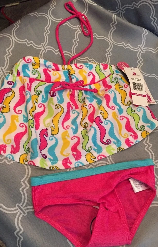 Nuevo con etiquetas Traje de baño tankini de dos piezas de caballito de mar bebé niña oso resistente talla 12 M Foto 2 de 4