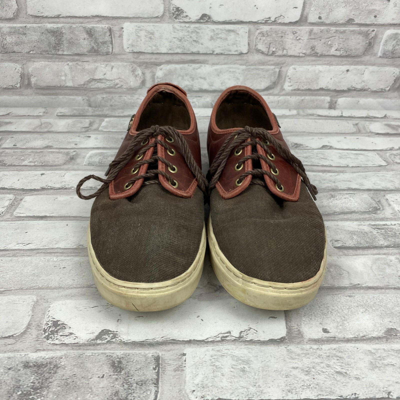 Vans Off The Wall Canvas & Brown Leather Two Tone Mens Sz 8.5 Wms Size 10