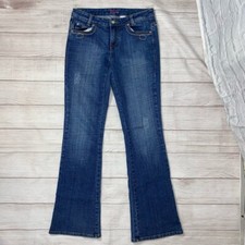Cache cotton blend lightly distressed flare leg jeans w/embroidery blue sz 6