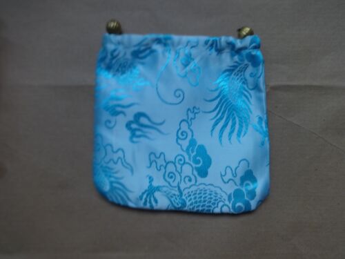 Embroidered blue satin make up bag, size approx 12.5 x 12.5 cms