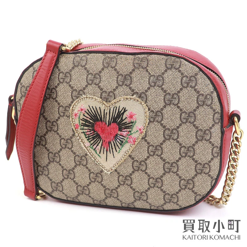 Sac à bandoulière chaîne patch broderie coeur et fleur GUCCI GG Supreme toile