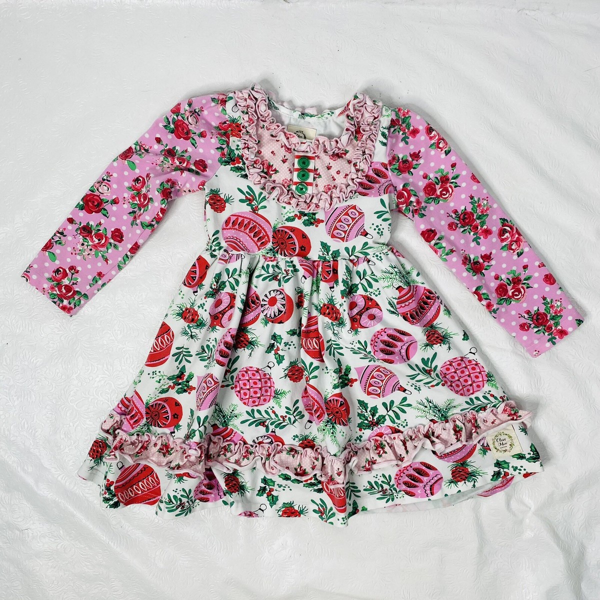 Olive Mae Size 4T Pink Green Christmas Holiday Ruffle Twirl Long Sleeve  Dress | eBay