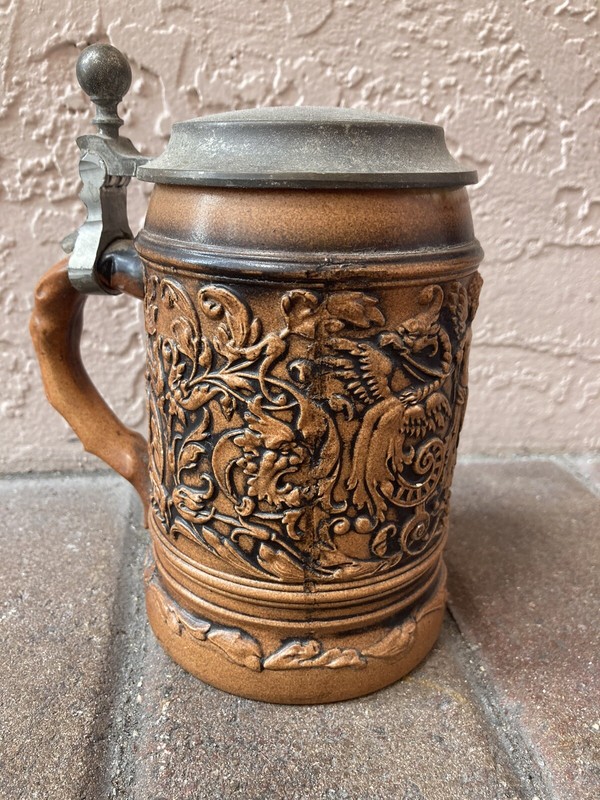 Vintage CHERUB German Ceramic Beer Stein w Pewter Lid