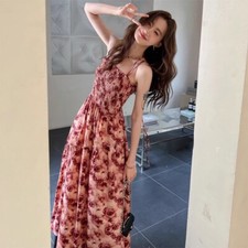 Women Adjustable Strap Dress Spaghetti Strappy Dress Off Shoulder Splice Floral