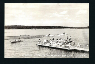 Arnold's Park Iowa IA c1939 RPPC W. Lake Okoboji Dock, SURF RIDING, Rowing, Swim