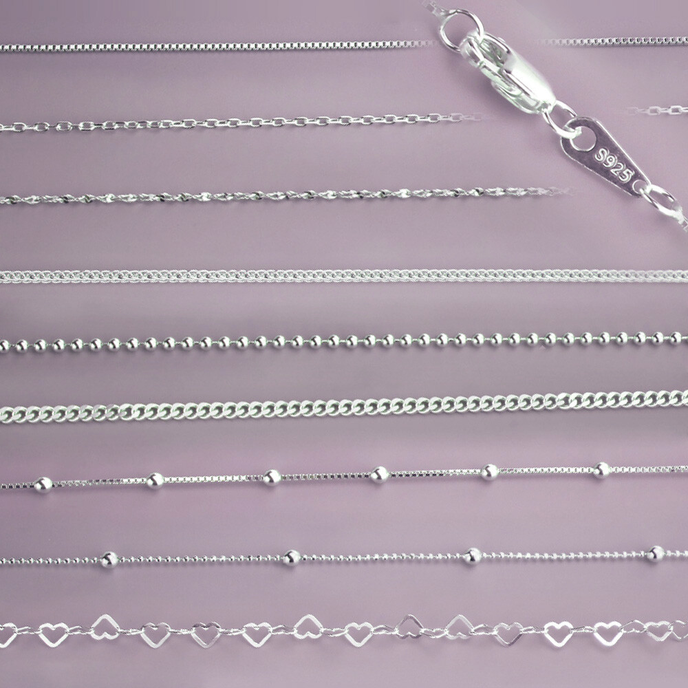 Genuine 925 Sterling Silver Necklace Curb/Trace Chain Thin 14-30 - Main Image