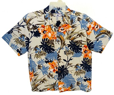 Sz M Men's Caribbean Joe Hawaiian Aloha Shirt Tropical Leaves Light Tan Multi  