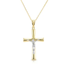 14K Real Solid Two-Tone Gold Crucifix Cross Pendant Charm Necklace 18 in